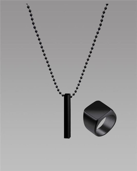 Saizen Black Vertical Bar Pendant with Ring – Stylish Stainless Steel Necklace for Men