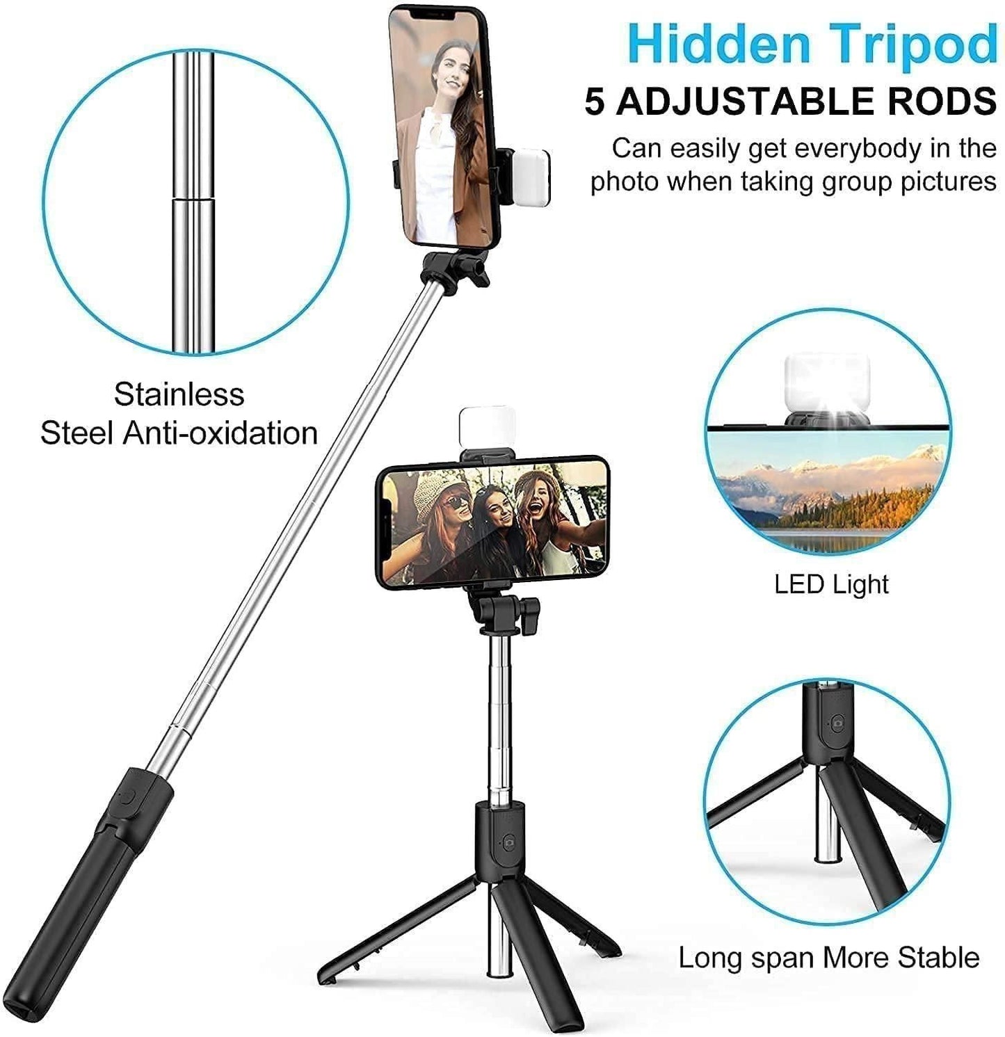 Extendable Flash 3-in-1 Selfie Stick Tripod with Bluetooth Remote – Compact and Versatile for Perfect Shots