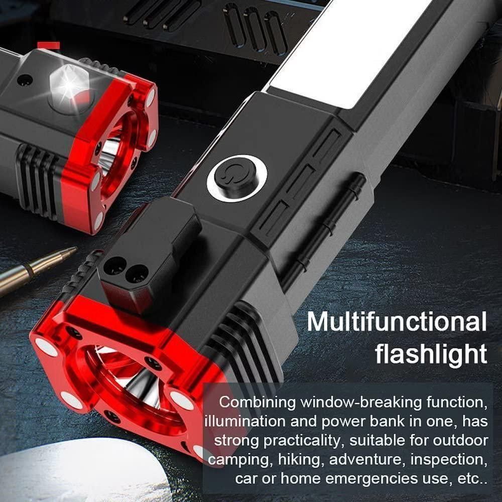 Portable Rechargeable LED Flashlight with Power Bank, Hammer, and Seat Belt Cutter – 4 Modes, Long Distance Beam, for Car, Camping, and Emergency Use