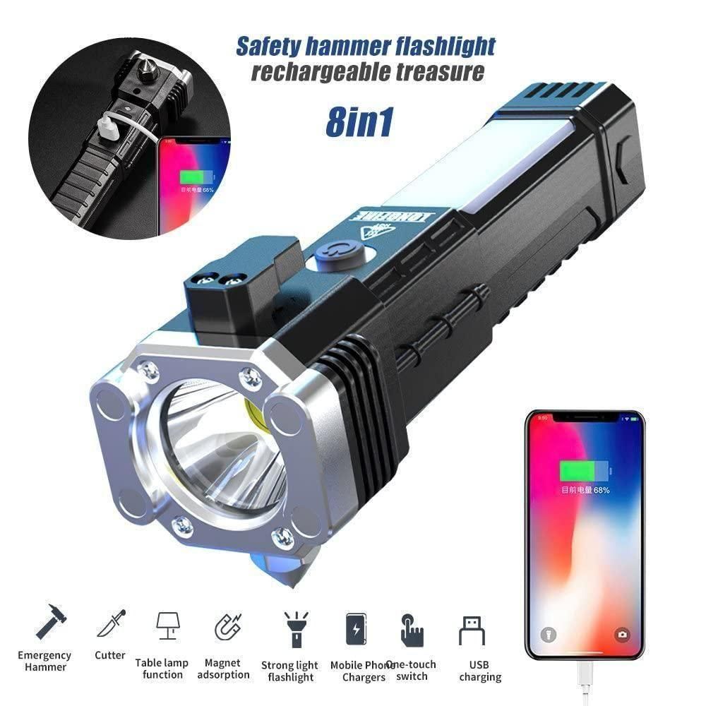 Portable Rechargeable LED Flashlight with Power Bank, Hammer, and Seat Belt Cutter – 4 Modes, Long Distance Beam, for Car, Camping, and Emergency Use