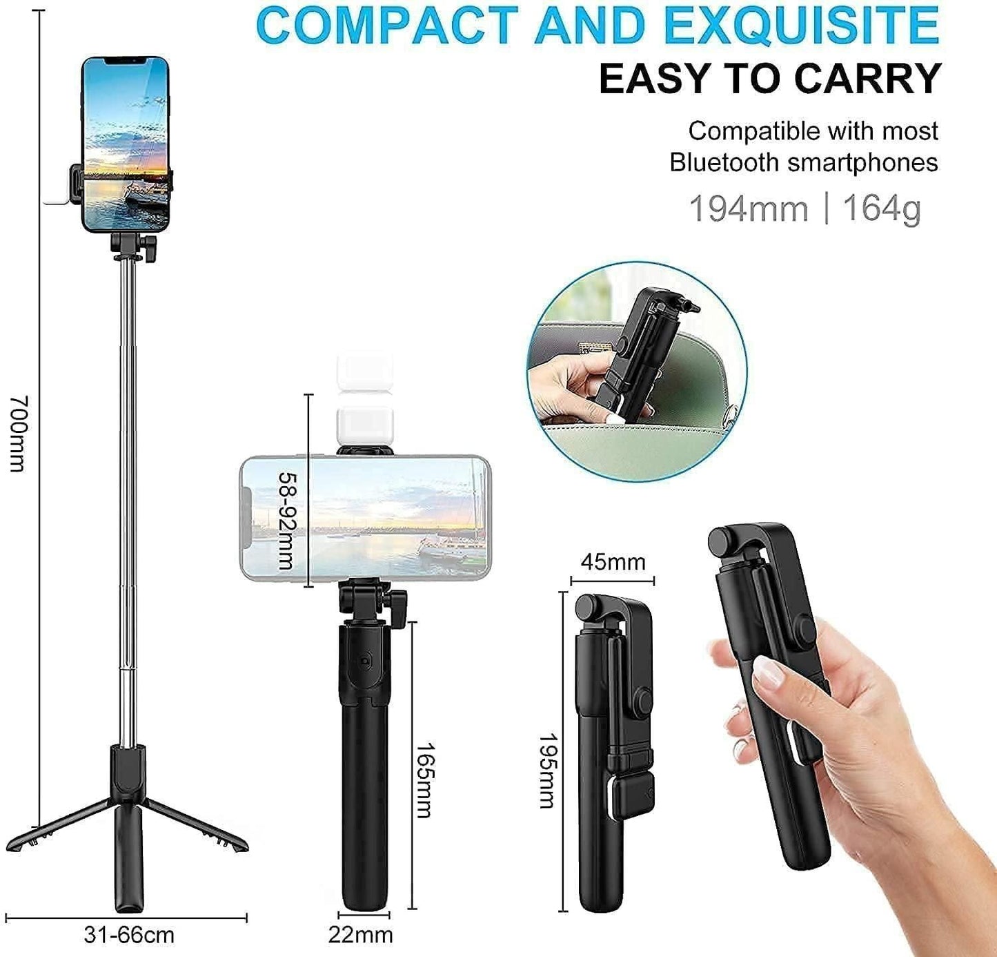 Extendable Flash 3-in-1 Selfie Stick Tripod with Bluetooth Remote – Compact and Versatile for Perfect Shots