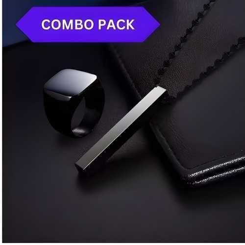 Saizen Black Vertical Bar Pendant with Ring – Stylish Stainless Steel Necklace for Men