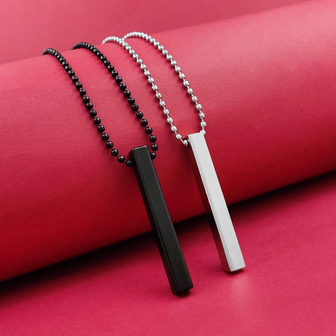 Stylish Silver-Black 3D Vertical Bar Cuboid Pendant Necklace – Rhodium Alloy Locket Set