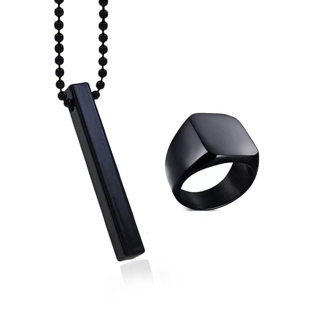 Saizen Black Vertical Bar Pendant with Ring – Stylish Stainless Steel Necklace for Men