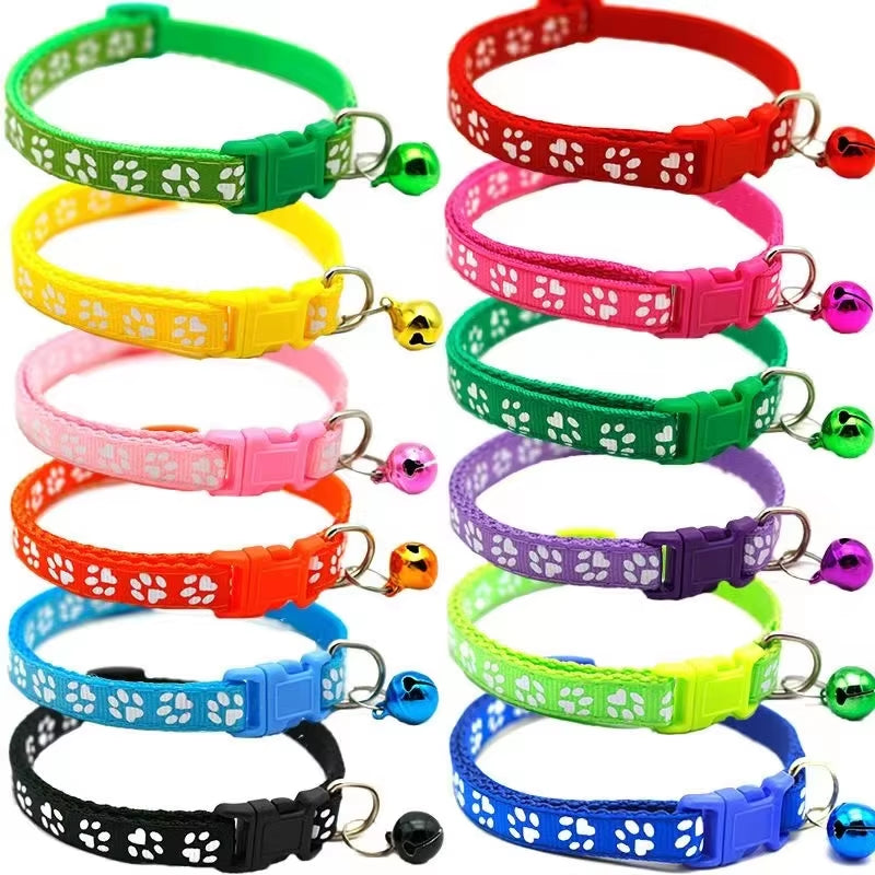 Pet Collar with Bell Cartoon Footprint Colorful Dog Puppy Cat Accessories Kitten Collar Adjustable Safety Bell Ring Necklace Pet