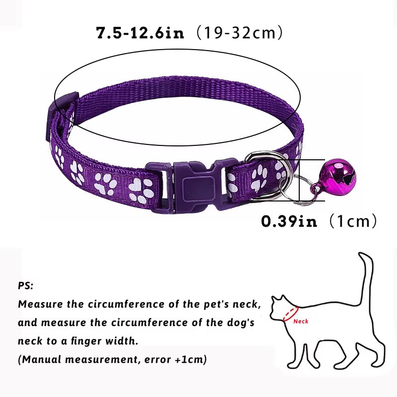 Pet Collar with Bell Cartoon Footprint Colorful Dog Puppy Cat Accessories Kitten Collar Adjustable Safety Bell Ring Necklace Pet